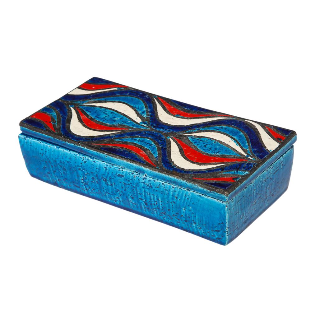 Bitossi for Rosenthal Netter box, ceramic, blue, red, and white, onion, signed. Small lidded box decorated with a wavy abstract pattern and glazed in navy, red and white over Rimini blue. Retains original paper label on underside which reads: