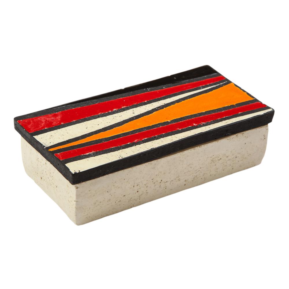 Bitossi Rosenthal Netter ceramic box geometric pottery signed Italy 1960s. Lidded box with bright Pop Art geometric forms. The underside of the lid has 4 circular felt tabs attached for a tighter fit against the bottom. Signed Italy on underside