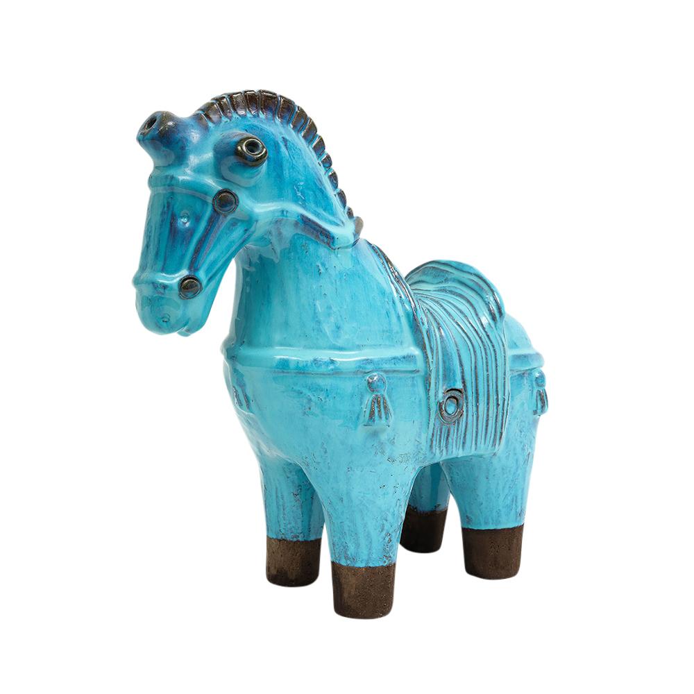Bitossi Rosenthal Netter Horse, Ceramic, Cyan Blue, Signed. Large horse sculpture glazed in an electric blue with matte chocolate brown hooves. Realistic and nicely detailed. Signed with a paper decal: Made in Italy Exclusively for Rosenthal Netter.