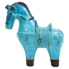 Vintage Bitossi Rosenthal Netter Horse, Ceramic, Cyan Blue, Signed