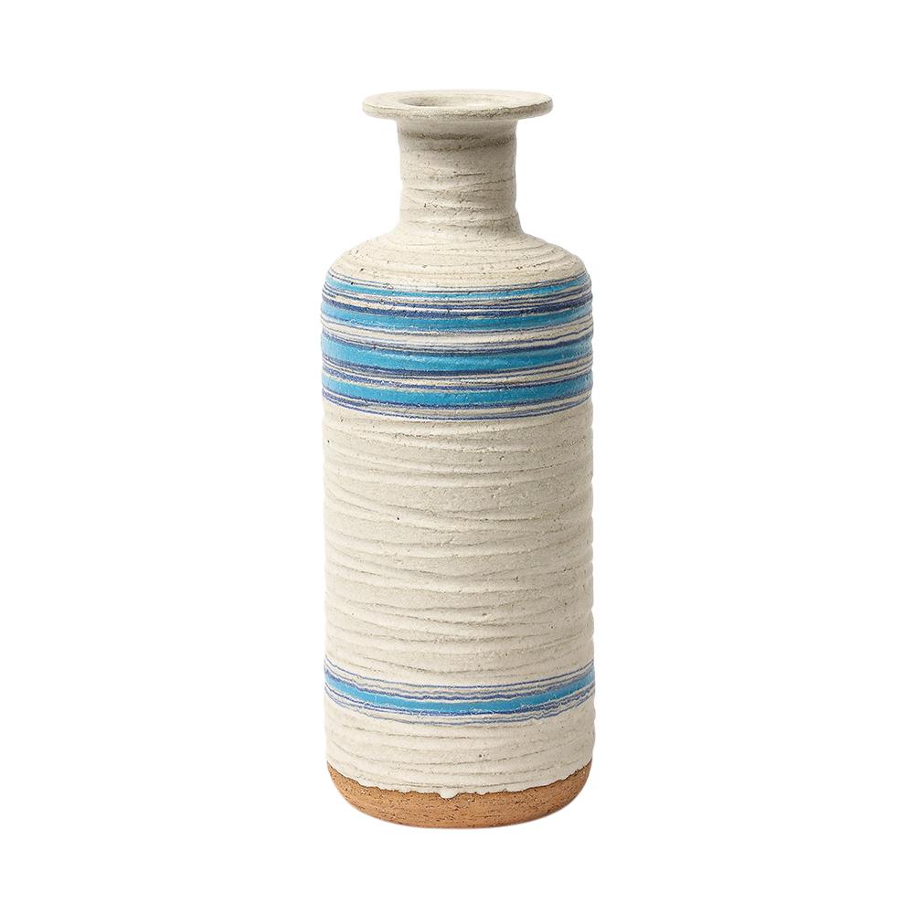 Bitossi for Rosenthal Netter Pietra Vase, Ceramic, Blue, White, Ribbed, Signed. Large scale bottle form vase from Bitossi's Pietra (Stone) decor series. The blue and white glazed body is decorated with deep relief carved ridges with a thin band of