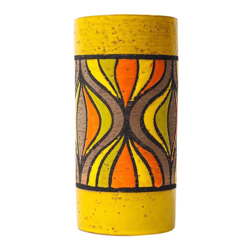 Bitossi Rosenthal Netter Vase, Ceramic, Onion, Yellow, Orange, Brown, Signed. Small to medium scale cylinder vase decorated with Op-Art style onion pattern and glazed in colors: orange, yellow, chartreuse, black, and unglazed raw brown clay. Retains