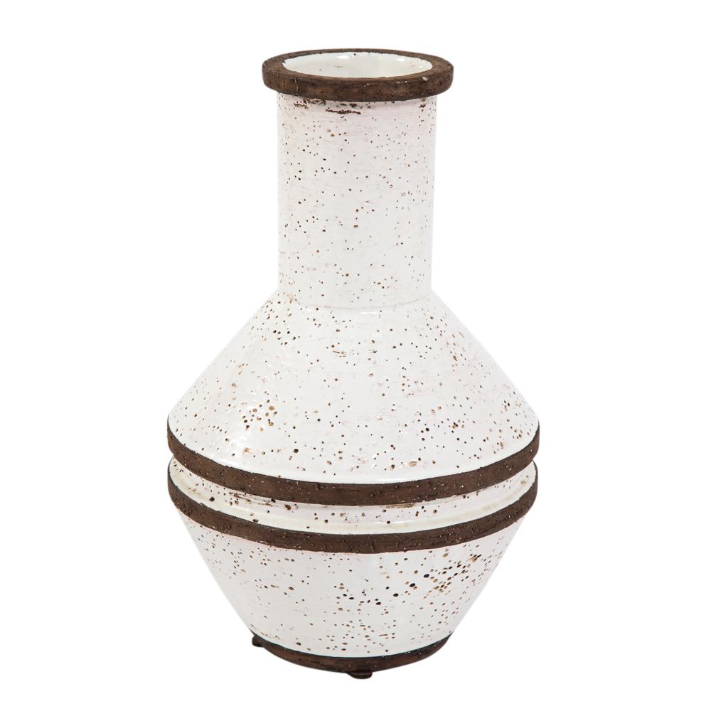 Bitossi vase, white and brown, signed. Medium scale vase with white glaze and coarse matte brown piping. Original paper label attached to the bottom of the vase which reads: Made in Italy.