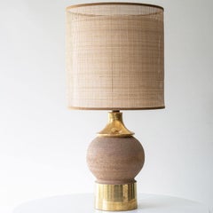 Bitossi Round Stone Gold Lamp, Custom Rattan Double Lampshade by R. Houben