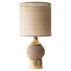 Bitossi Round Stone Gold Lamp, Custom Rattan Double Lampshade by R. Houben