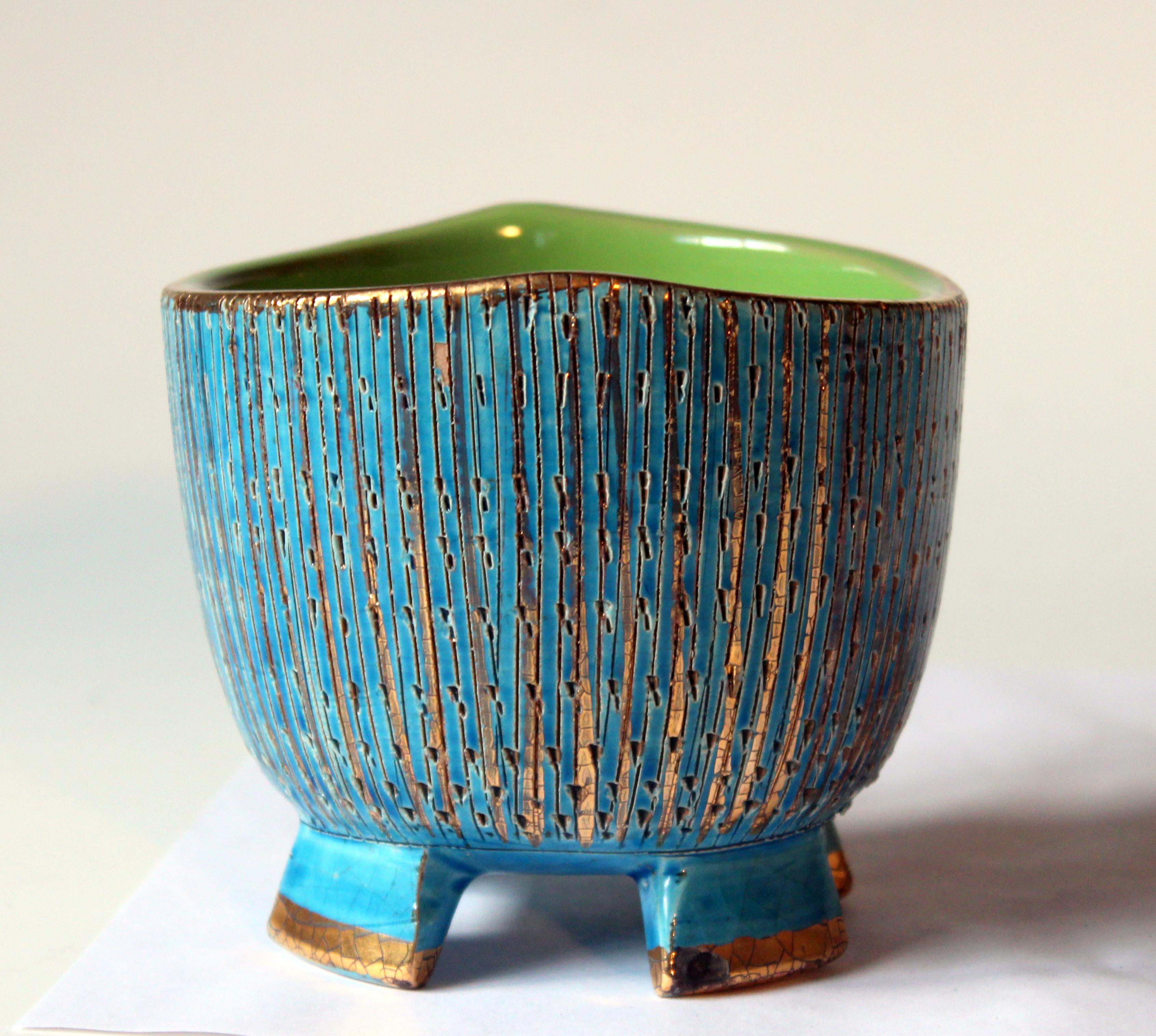 Mid-Century Modern Bitossi Seta Blue Gold Pottery Londi Italian Raymor Vintage Pencil Jar Candy Bow