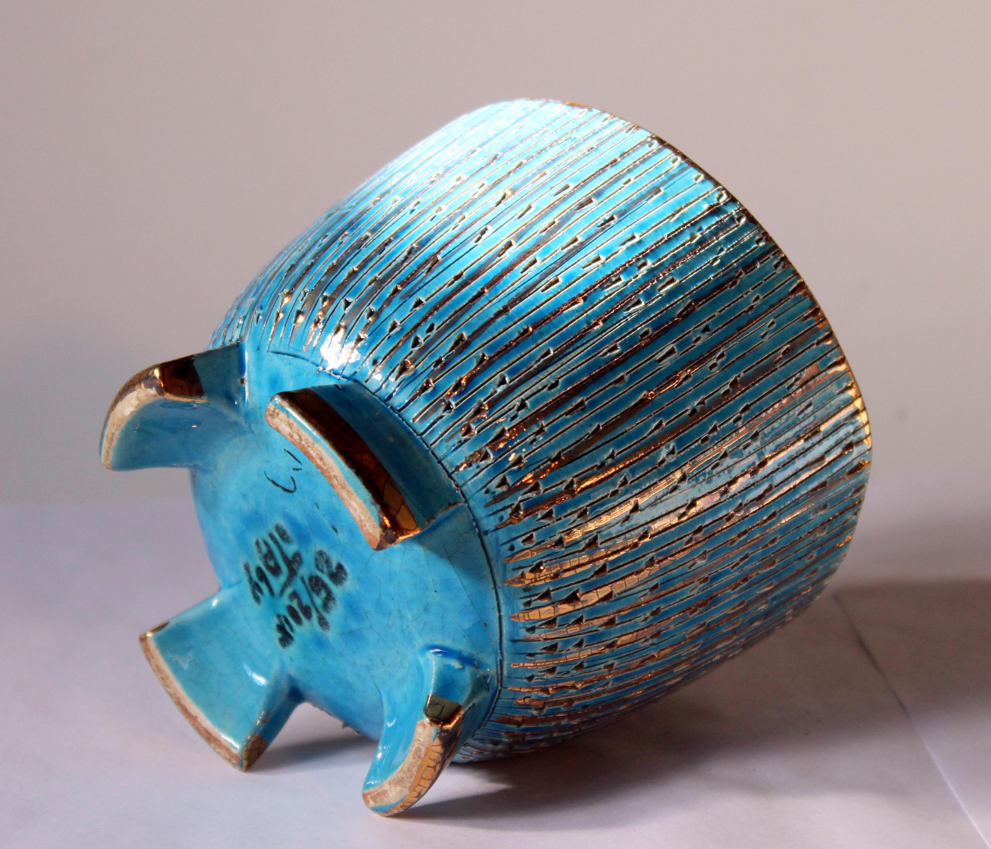 Bitossi Seta Blue Gold Pottery Londi Italian Raymor Vintage Pencil Jar Candy Bow In Good Condition In Wilton, CT