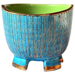 Bitossi Seta Blue Gold Pottery Londi Italian Raymor Vintage Pencil Jar Candy Bow