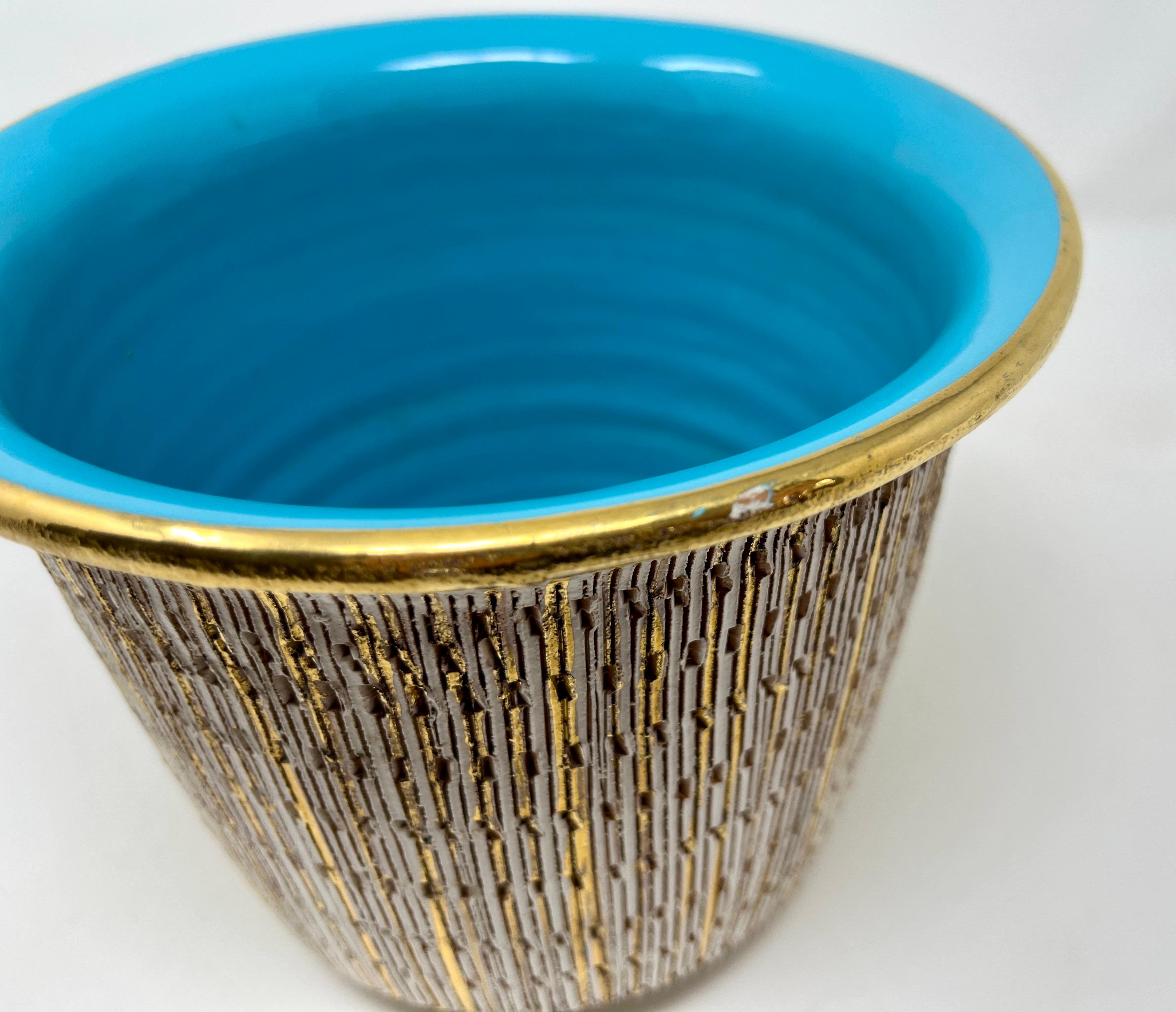 Ceramic Bitossi Seta (Silk) Series Gold Turquoise Planter Pot, Aldo Londi, Sgraffito  For Sale