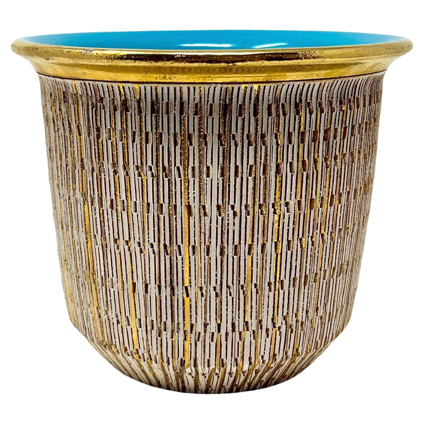 Bitossi Seta (Silk) Series Gold Turquoise Planter Pot, Aldo Londi, Sgraffito 