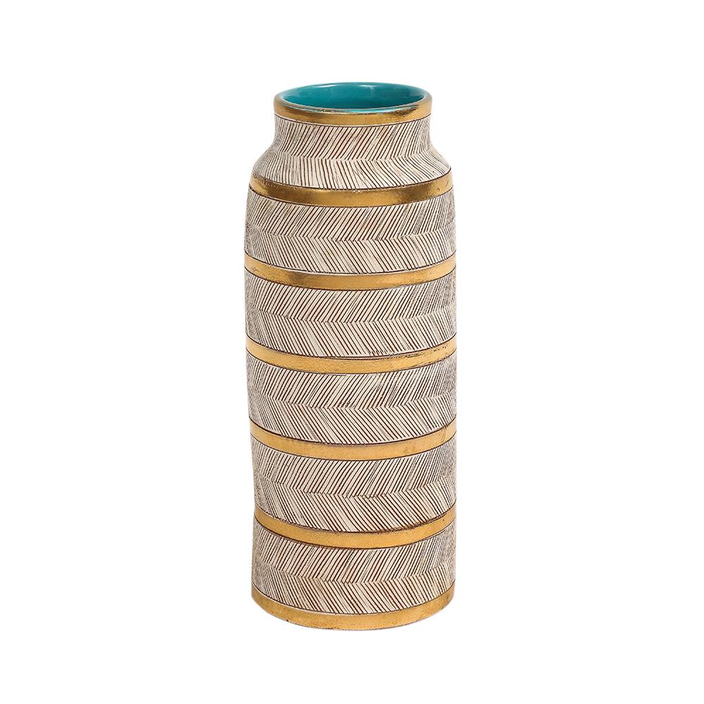 Mid-Century moderno Vaso Bitossi Seta, Ceramica, Oro, Bianco, Turchese, Sgraffito, Firmato in vendita