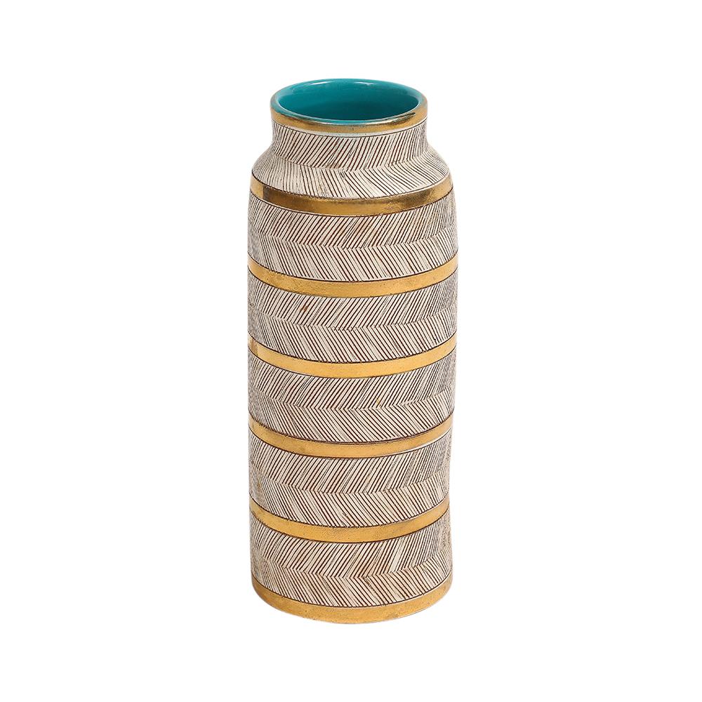 Metà XX secolo Vaso Bitossi Seta, Ceramica, Oro, Bianco, Turchese, Sgraffito, Firmato in vendita