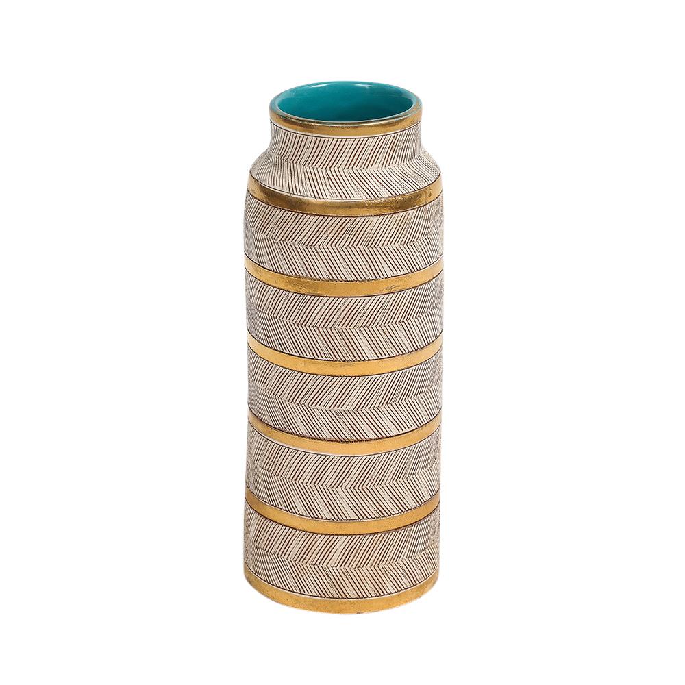 Smaltato Vaso Bitossi Seta, Ceramica, Oro, Bianco, Turchese, Sgraffito, Firmato in vendita