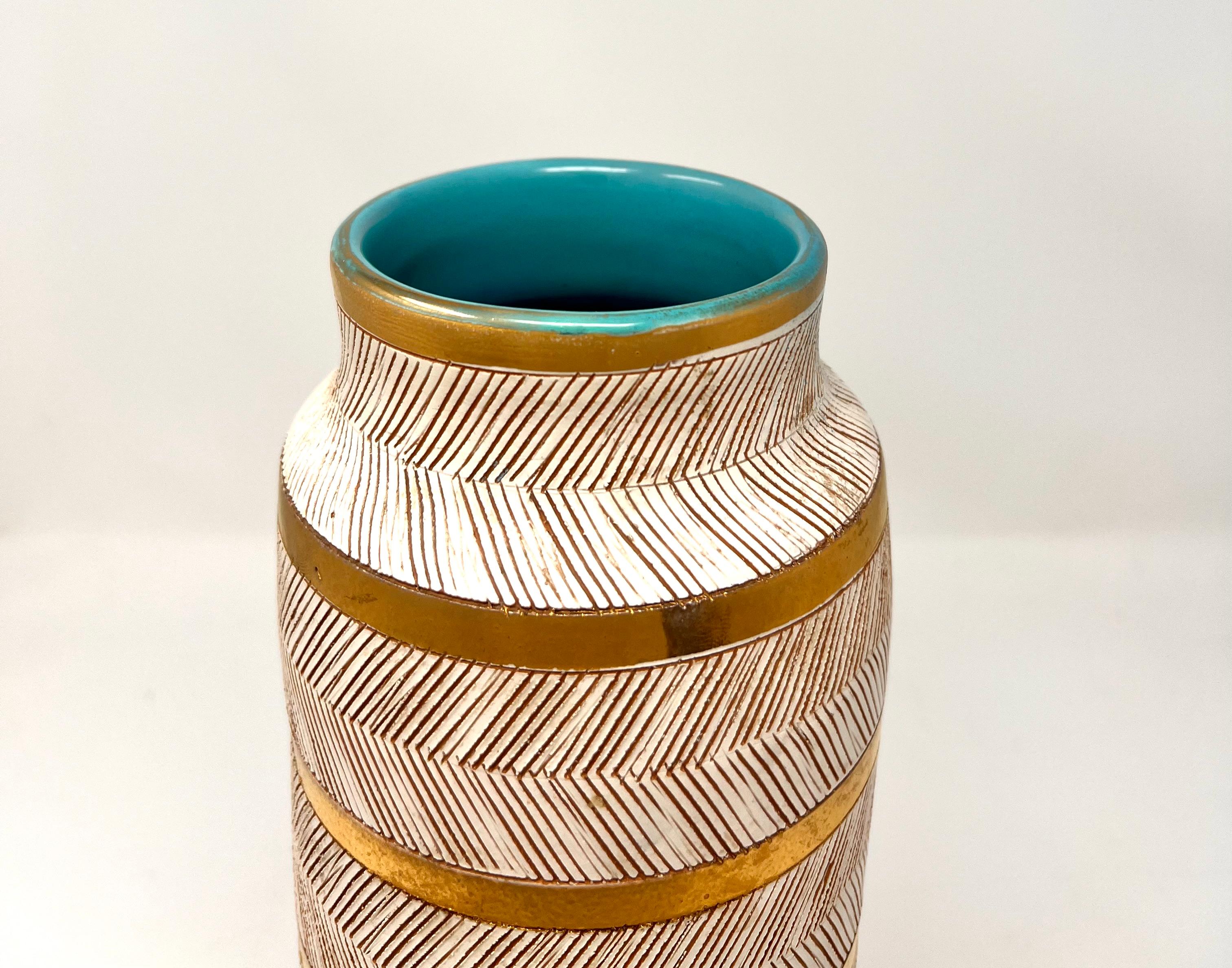 Bitossi Seta Vase, Ceramic, Gold, White, Turquoise, Sgraffito, Signed In Good Condition For Sale In New York, NY