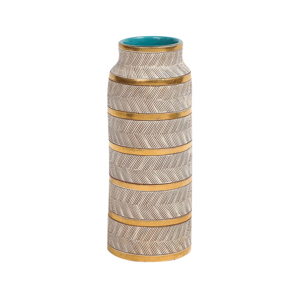 Italiano Vaso Bitossi Seta, Ceramica, Oro, Bianco, Turchese, Sgraffito, Firmato in vendita