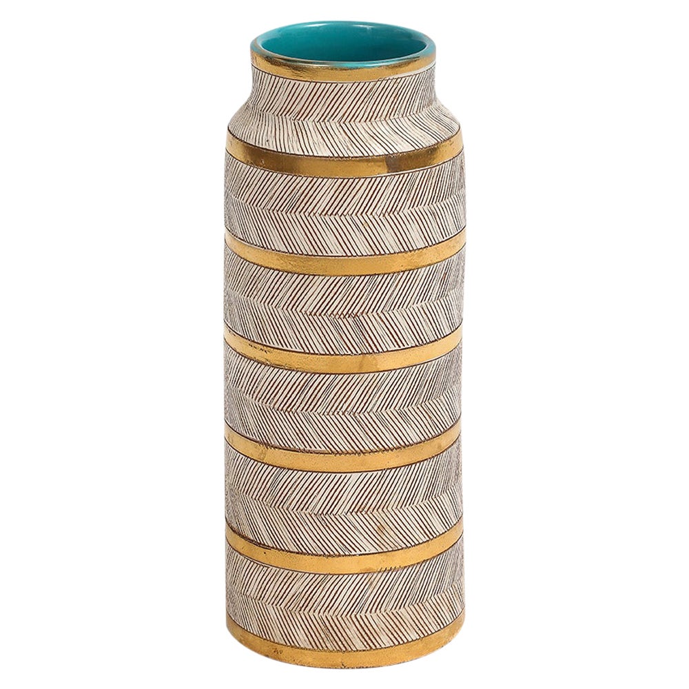 Bitossi Seta Vase, Ceramic, Gold, White, Turquoise, Sgraffito, Signed