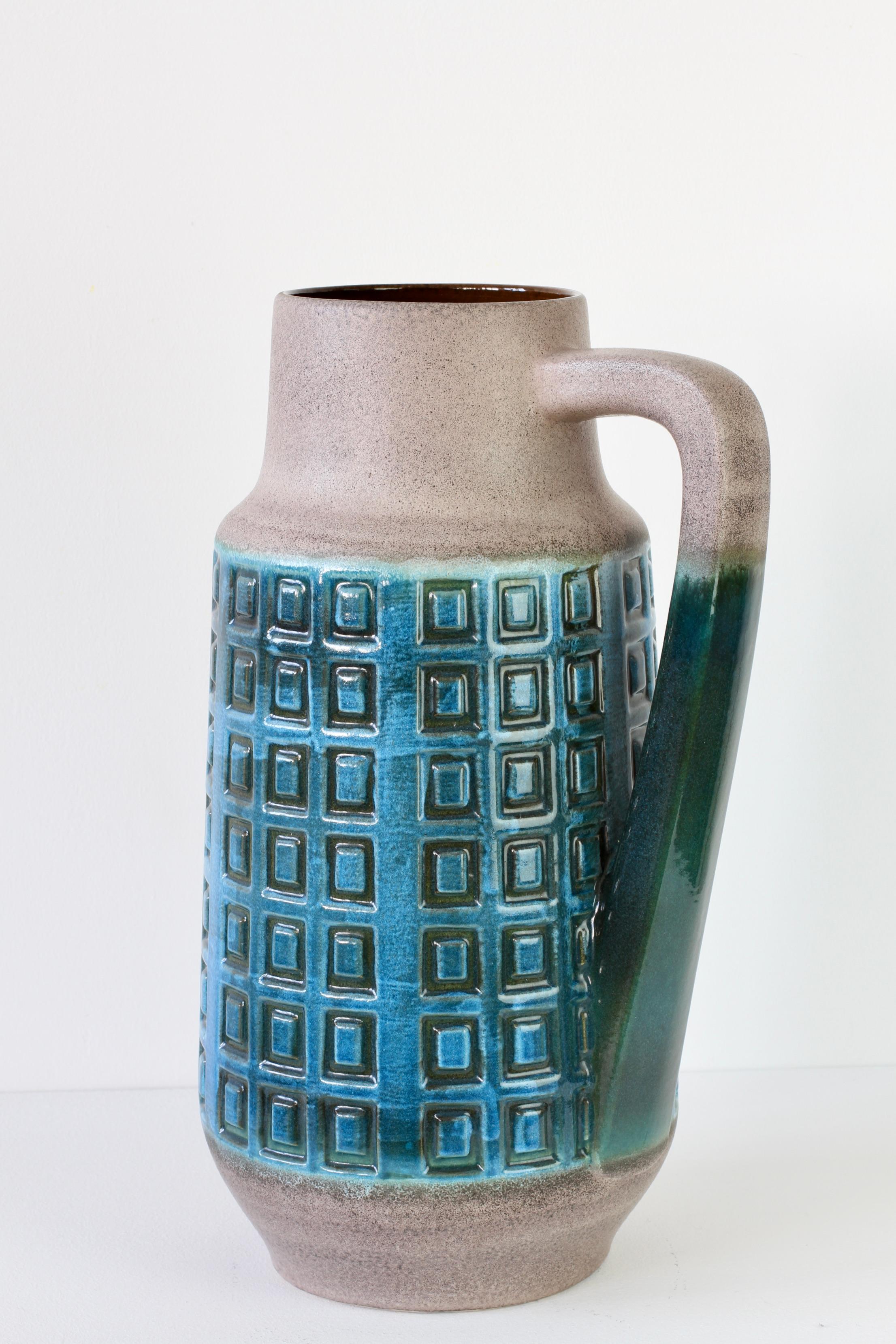 Embossed Bitossi Style 1970s Blue West German Pottery Mid-Century Floor Vase by Scheurich For Sale