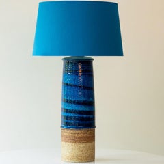 Bitossi Style Aqua and Sand Ceramic Table Lamp, Blue Silk Lampshade by R. Houben