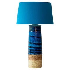 Bitossi Style Aqua and Sand Ceramic Table Lamp, Blue Silk Lampshade by R. Houben