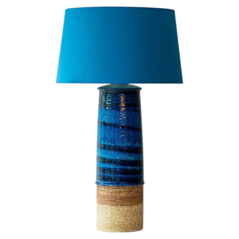 Bitossi Style Aqua and Sand Ceramic Table Lamp, Blue Silk Lampshade by R. Houben For Sale