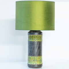 Bitossi Style Green Ceramic Lamp, Custom Green Silk Lampshade by R. Houben