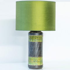 Bitossi Style Green Ceramic Lamp, Custom Green Silk Lampshade by R. Houben
