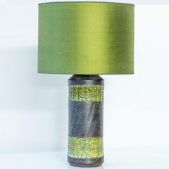 Bitossi Style Green Ceramic Lamp, Custom Green Silk Lampshade by R. Houben