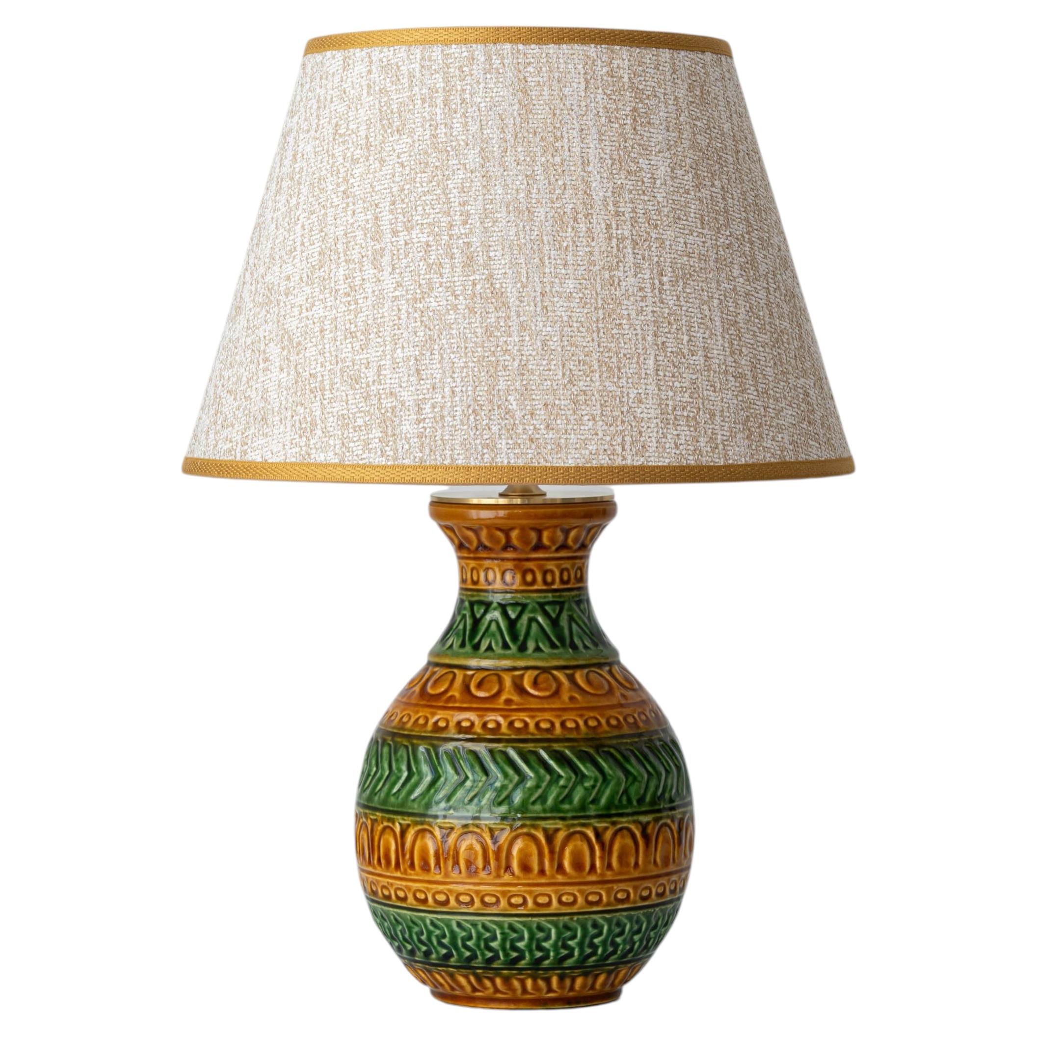 Mid-Century Bitossi-Style Green Ochre Ceramic Table Lamp, Earth Tones, 1960-70s For Sale