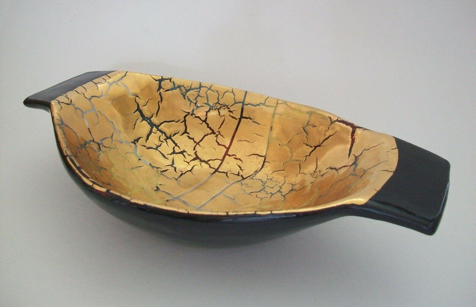 Mid-Century Modern Bitossi, Twin Handled Gold Crackle Glazed Ceramic Bowl, Italy, circa 1950's For Sale