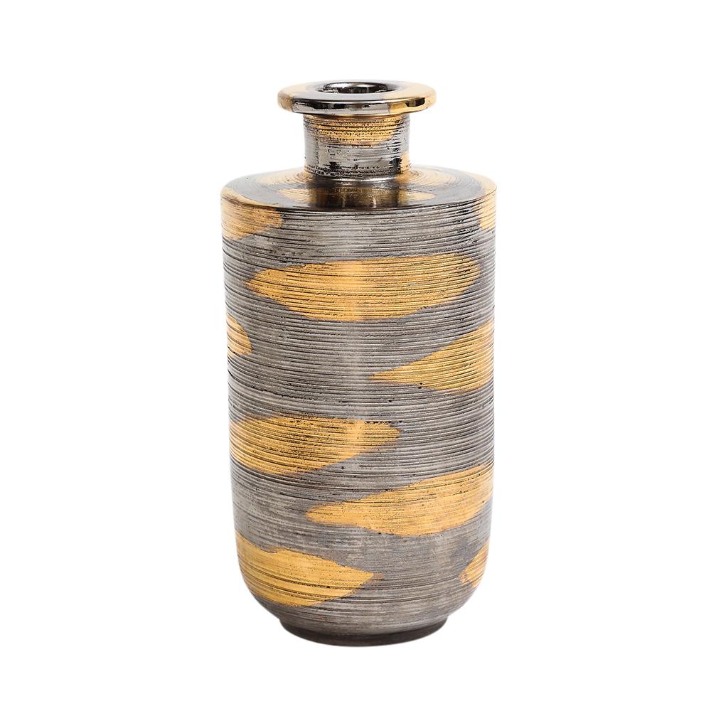 Fin du 20e siècle Vase Bitossi, céramique, abstrait, métal brossé, or, platine en vente