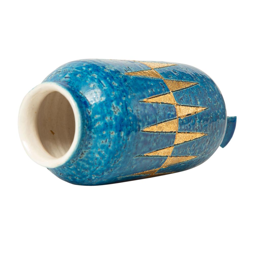 Bitossi Vase, Ceramic, Blue, Gold, Geometric, Signed 1