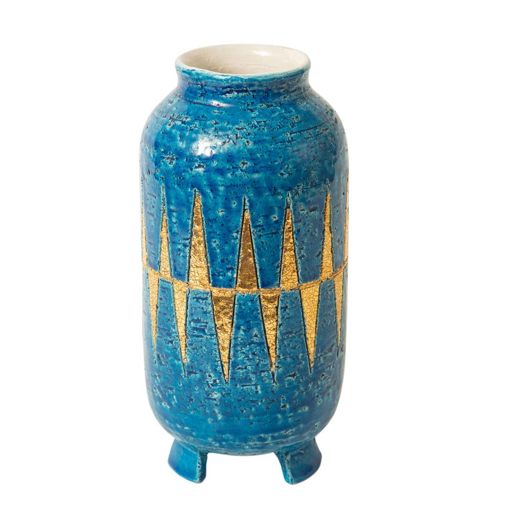 Bitossi vase, ceramic, blue and gold, geometric, signed. Medium scale rounded vase with footed base decorated with a gold diamond pattern over a Rimini blue glaze. Signed 