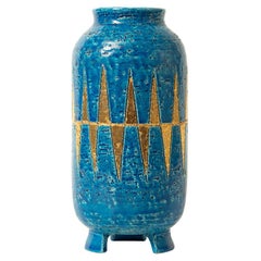 Bitossi Vase, Ceramic, Blue and Gold, Geometric, Signed