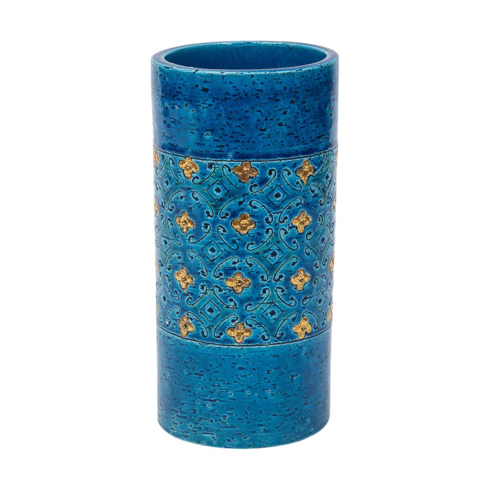 Bitossi for Berkeley House vase, ceramic, blue and gold, signed. Small scale cylinder vase glazed in Rimini Blue with gold floral embellishments. Retains two labels on the underside. One reads: 