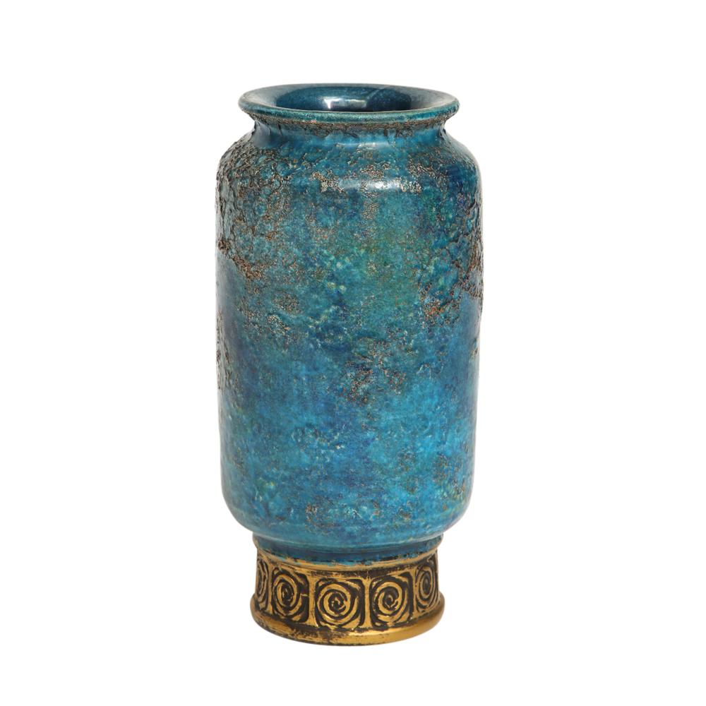 Bitossi vase, ceramic blue gold. Small China series vase glazed in a textured blue and green with a gilt glazed tapered base. The 