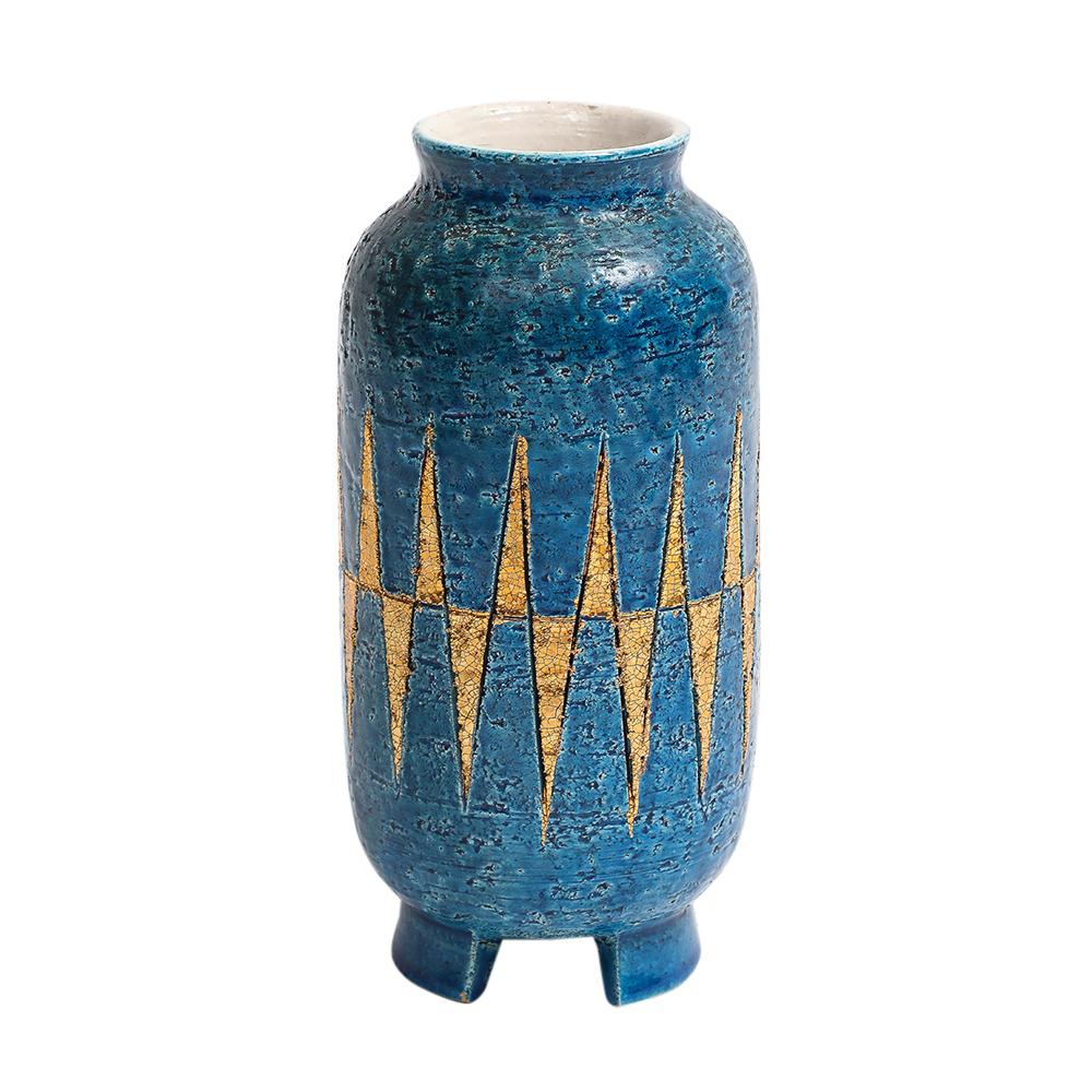 Bitossi-Vase, Keramik, Blau, Gold, Geometrisch, signiert (Italienisch) im Angebot