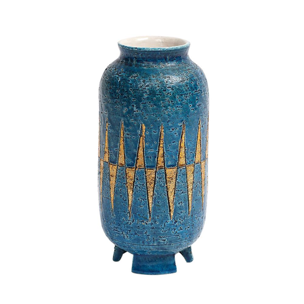Bitossi-Vase, Keramik, Blau, Gold, Geometrisch, signiert (Mitte des 20. Jahrhunderts) im Angebot