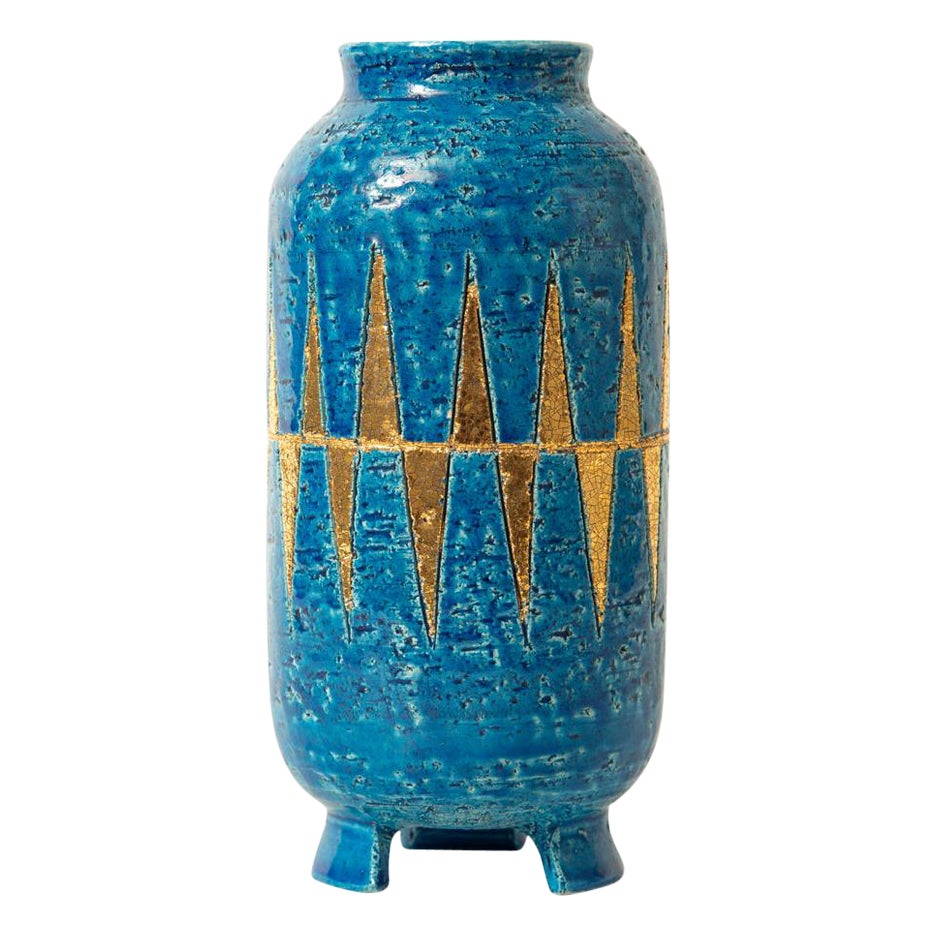 Bitossi-Vase, Keramik, Blau und Gold, Geometrisch, signiert