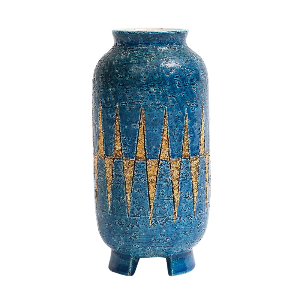 Bitossi Vase, Ceramic, Blue, Gold, Geometric, Signed