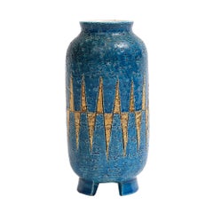 Bitossi Vase, Ceramic, Blue, Gold, Geometric, Signed