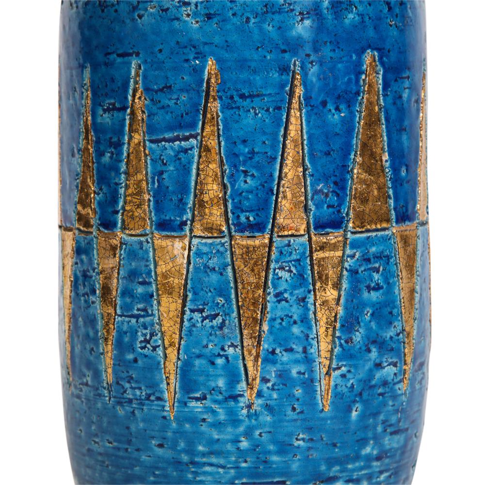 Bitossi Vase, Ceramic, Blue and Gold Geometric, Signed 1