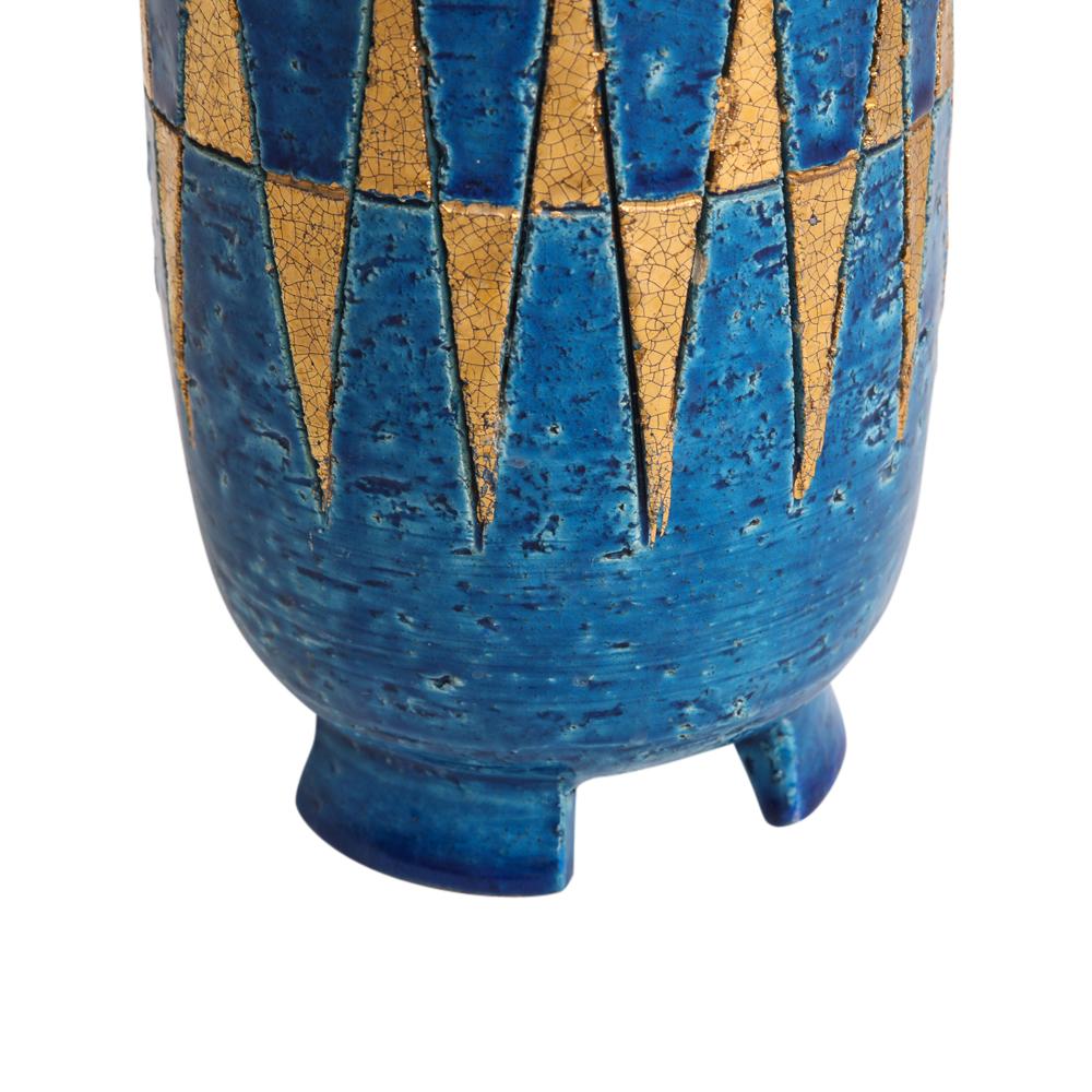 Bitossi Vase, Ceramic, Blue and Gold Geometric, Signed 5