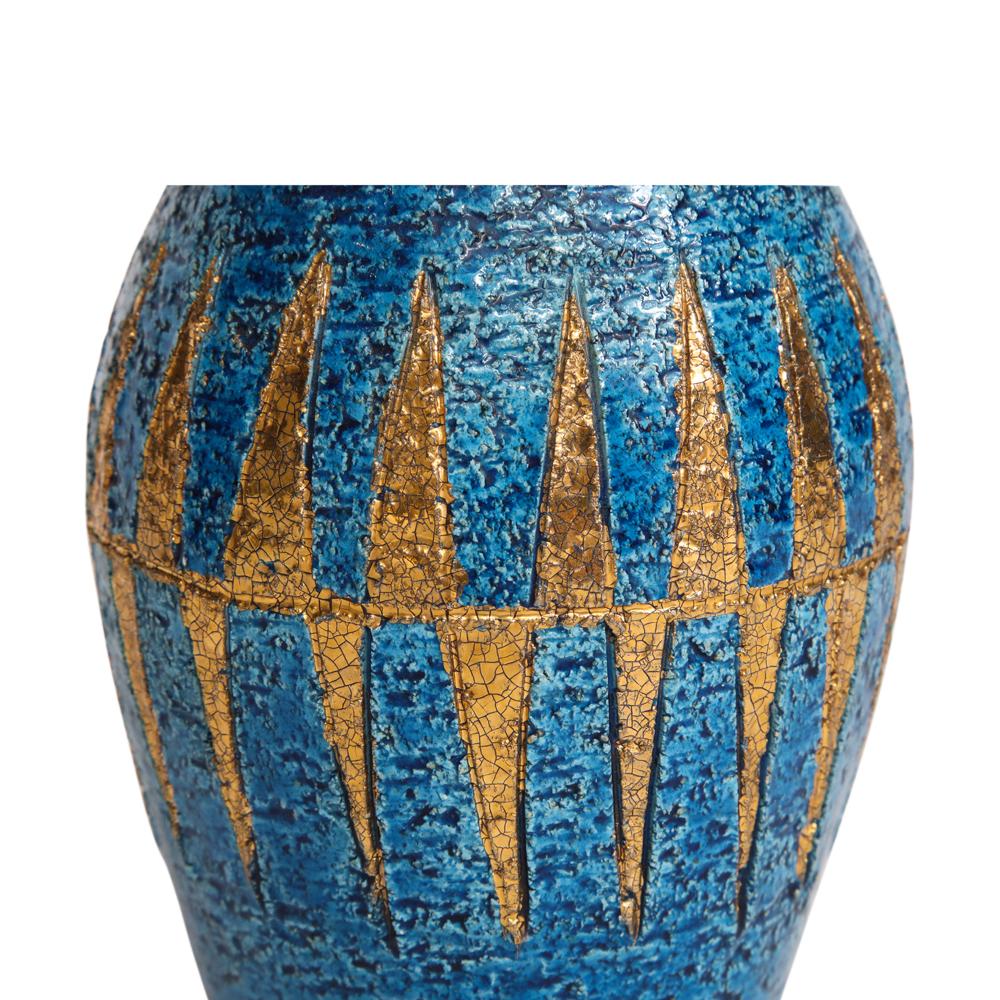 Bitossi Vase, Ceramic, Blue and Gold, Geometric, Signed 6