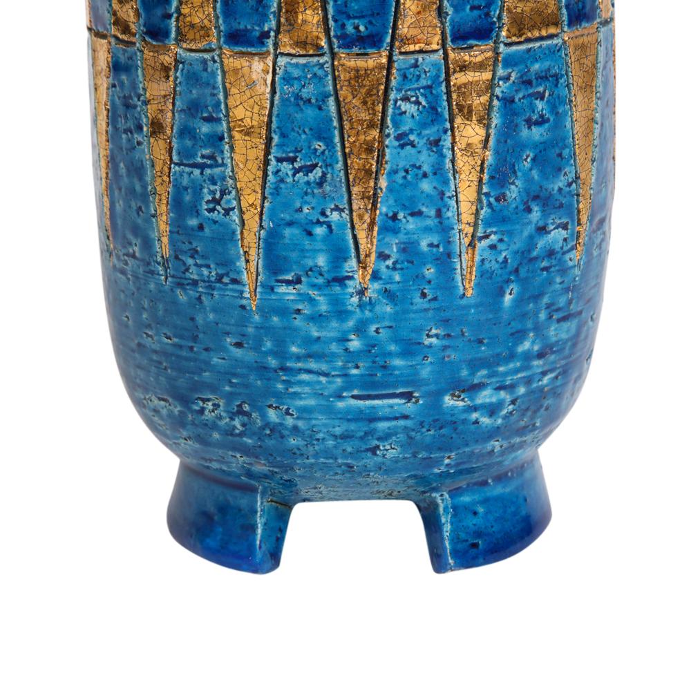 Bitossi Vase, Ceramic, Blue and Gold Geometric, Signed 7