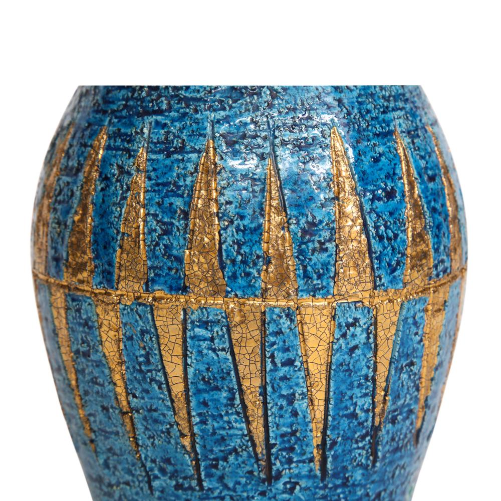 Bitossi Vase, Ceramic, Blue and Gold, Geometric, Signed 8