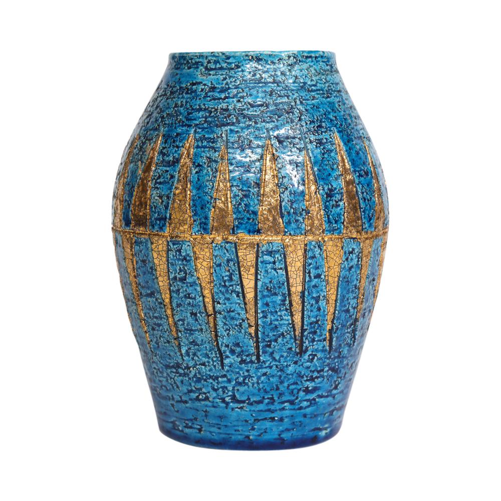 Italian Bitossi Vase, Ceramic, Blue and Gold, Geometric, Signed