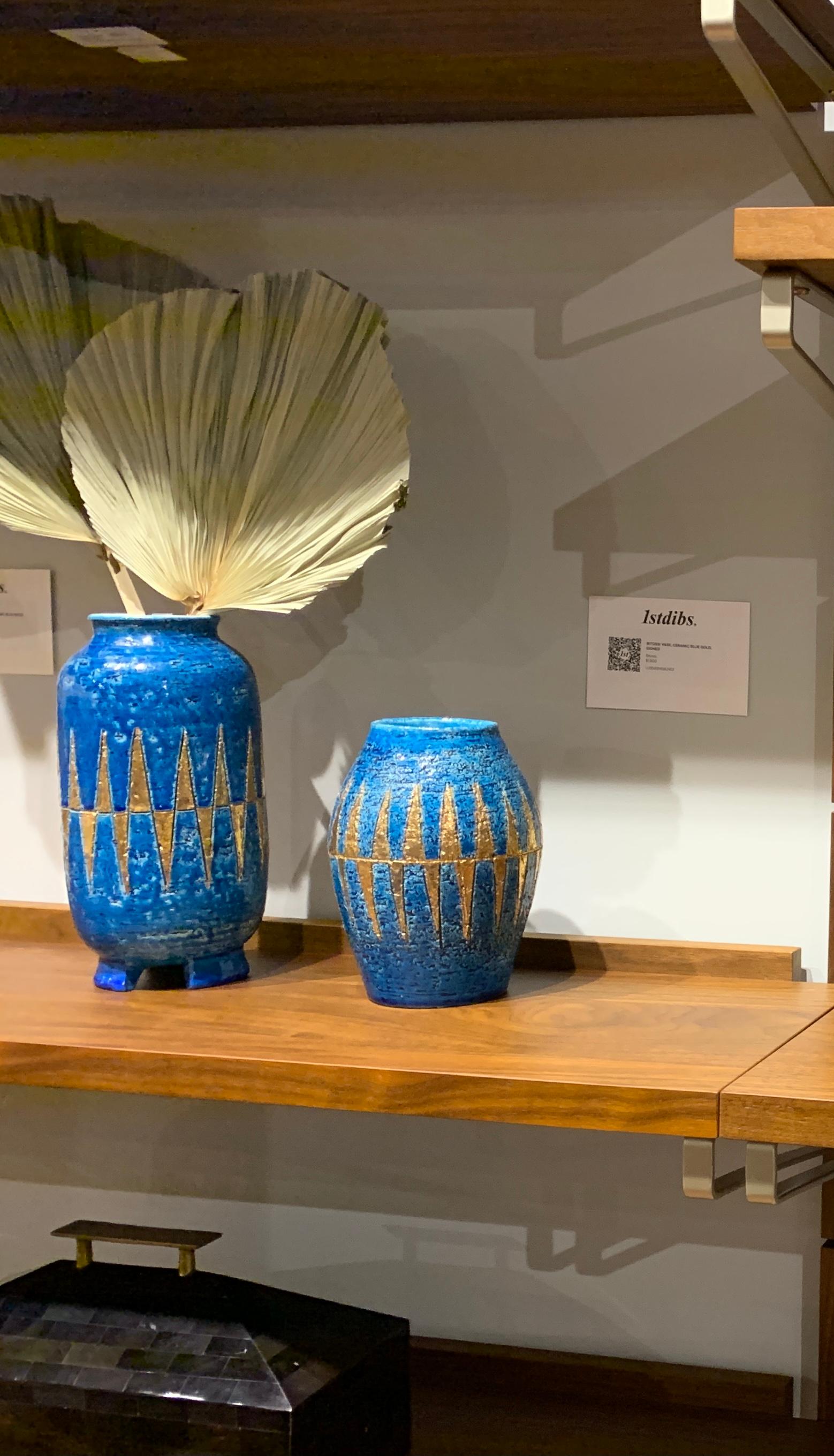Bitossi Vase, Ceramic, Blue and Gold, Geometric, Signed 11