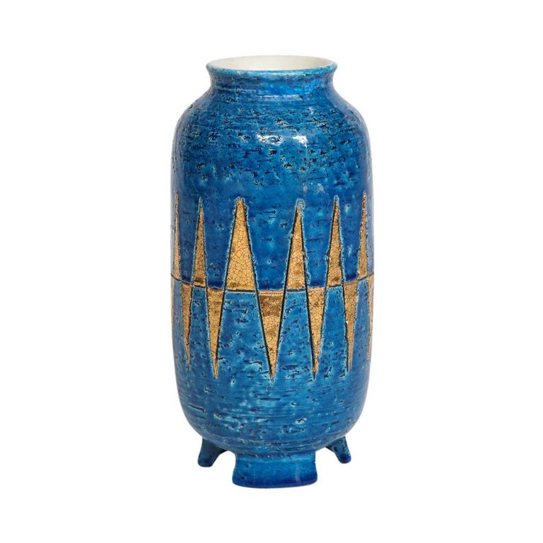Bitossi Vase, Ceramic Blue Gold, Signed For Sale at 1stdibs