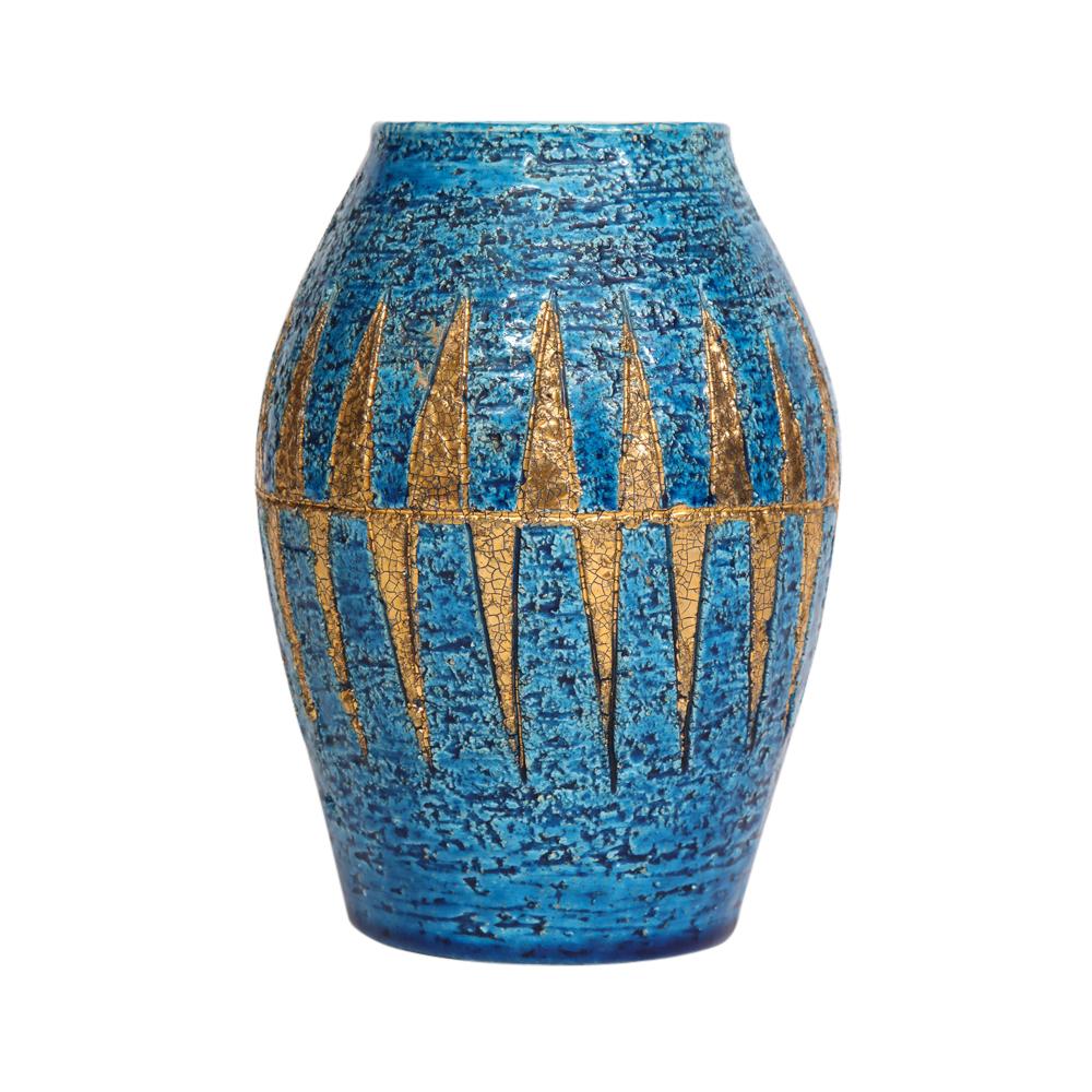Glazed Bitossi Vase, Ceramic, Blue and Gold, Geometric, Signed