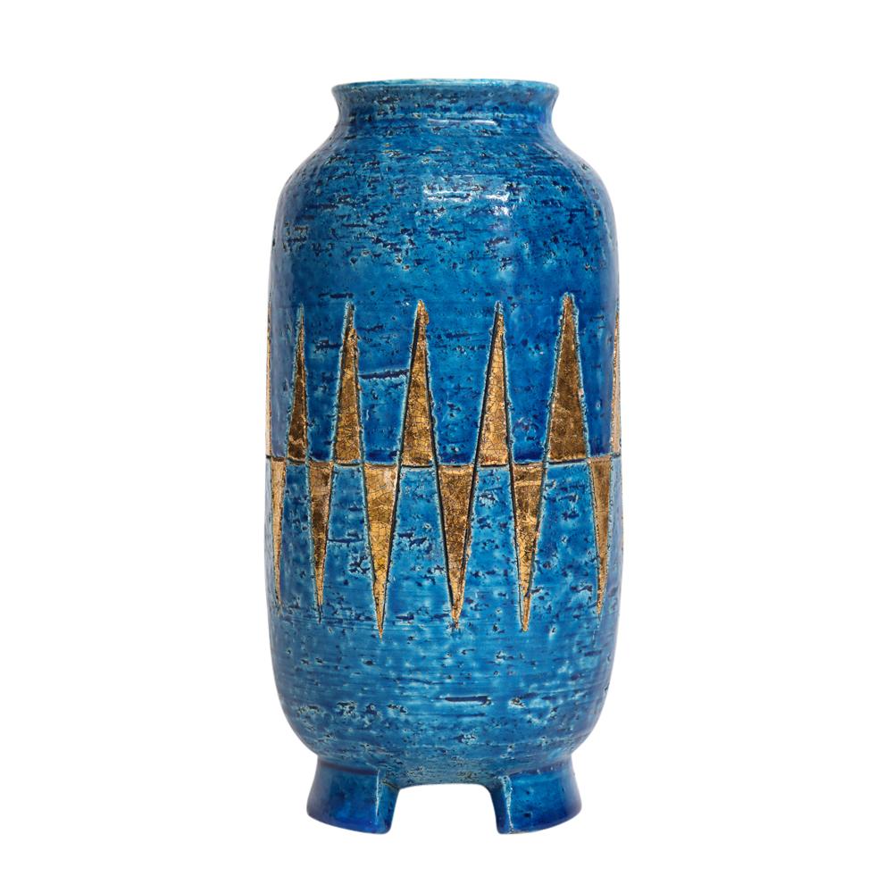 Mid-Century Modern Bitossi Vase, Ceramic, Blue and Gold Geometric, Signed